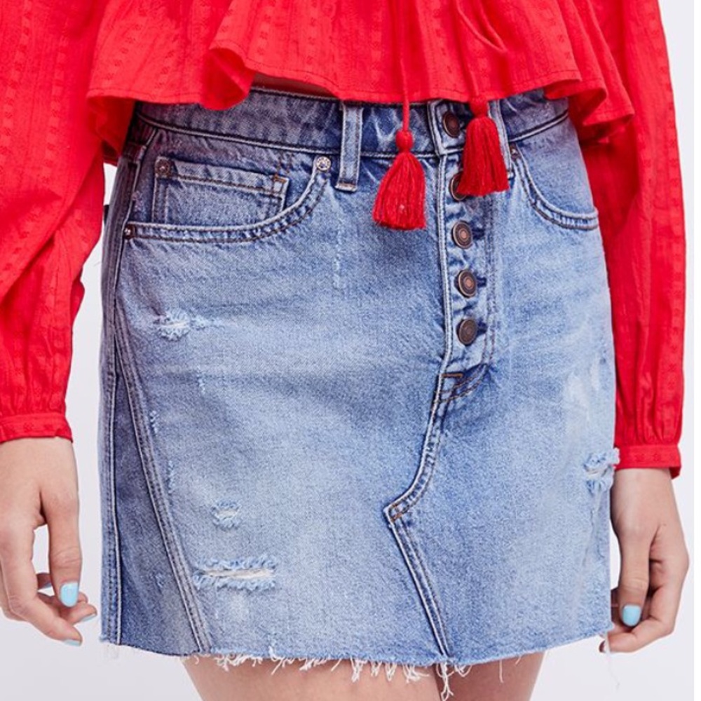 Free People denim front button a line jean skirt - Picture 7 of 8